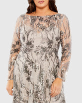Beige Embroidered Long Sleeve A Line Gown (Plus)